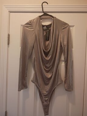 New Ladies Metallic Taupe Draped Cowl-Neck Long-Sleeve Bodysuit